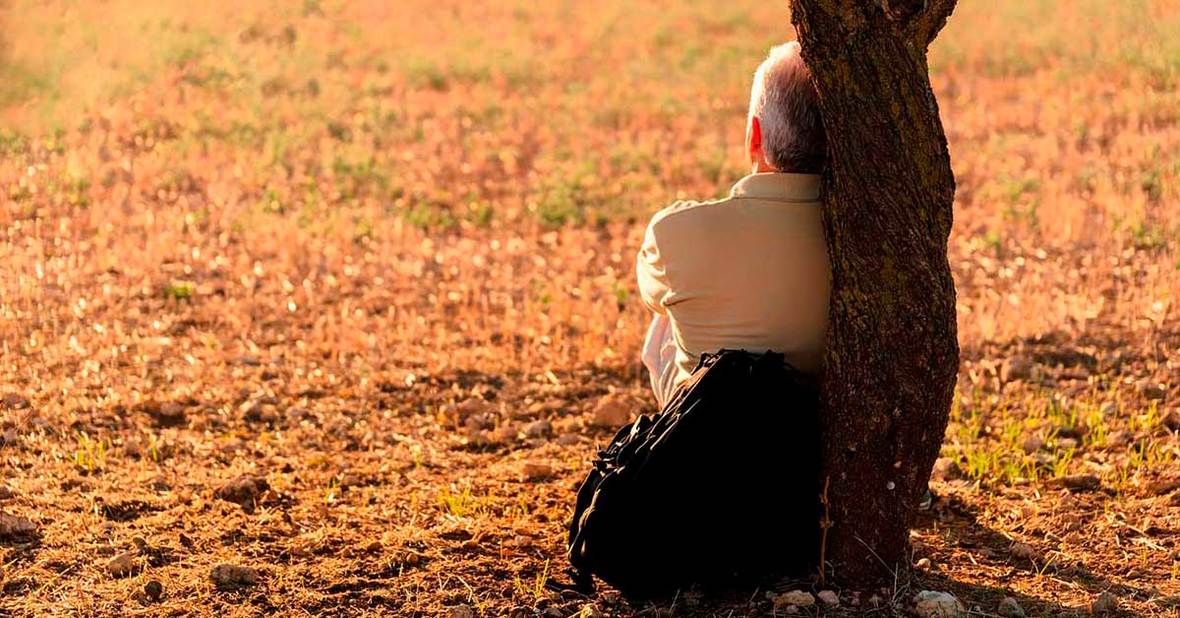 Hombre mayor sentado apoyado en un árbol pasando solo un momento de duelo