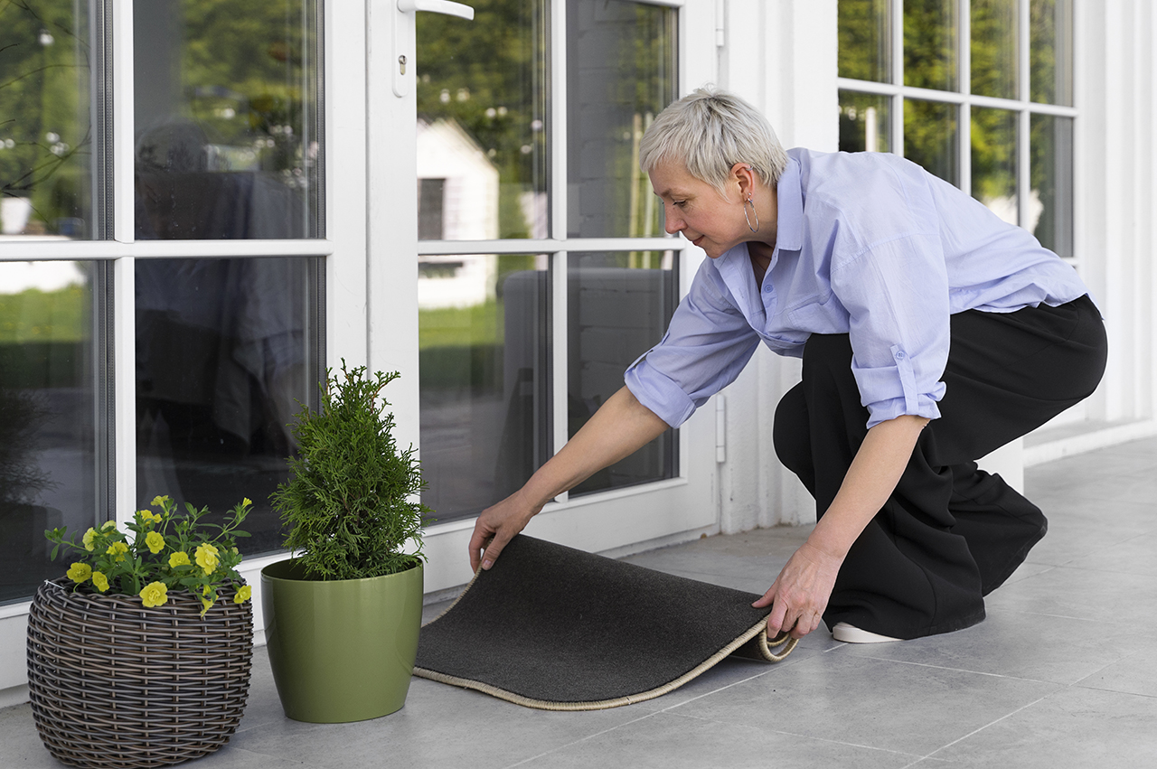 Una mujer de mediana edad agachada. Coloca una alfombrilla antideslizante entre la salida de su terraza y el jardín.