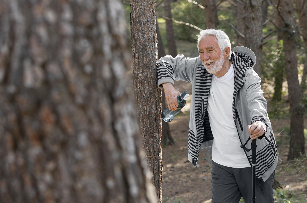 Un hombre mayor haciendo una ruta en el bosque