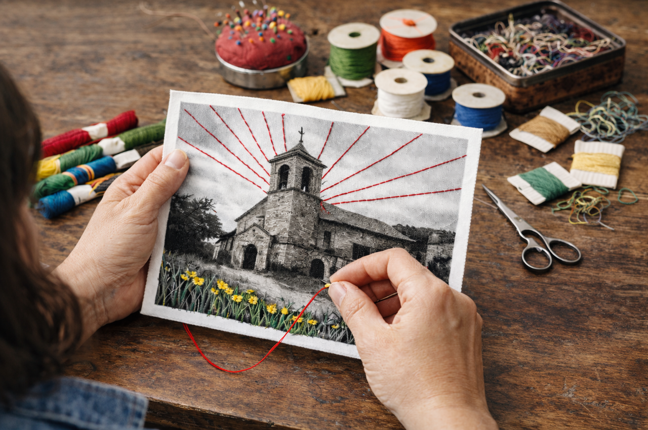 Una persona haciendo un fotobordado en un paisaje donde destaca una iglesia.