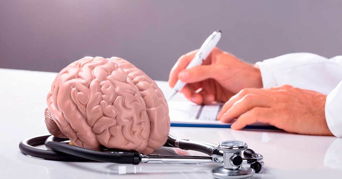 Consulta de un neurólogo, especialista encargado del diagnóstico del alzhéimer, con un cerebro de plástico y un estetoscopio sobre la mesa