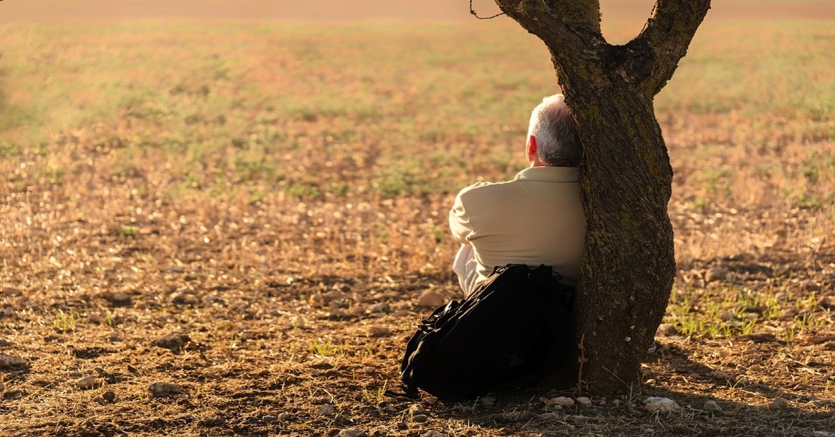 Adulto mayor sentado en soledad en el campo apoyando la espalda en un árbol