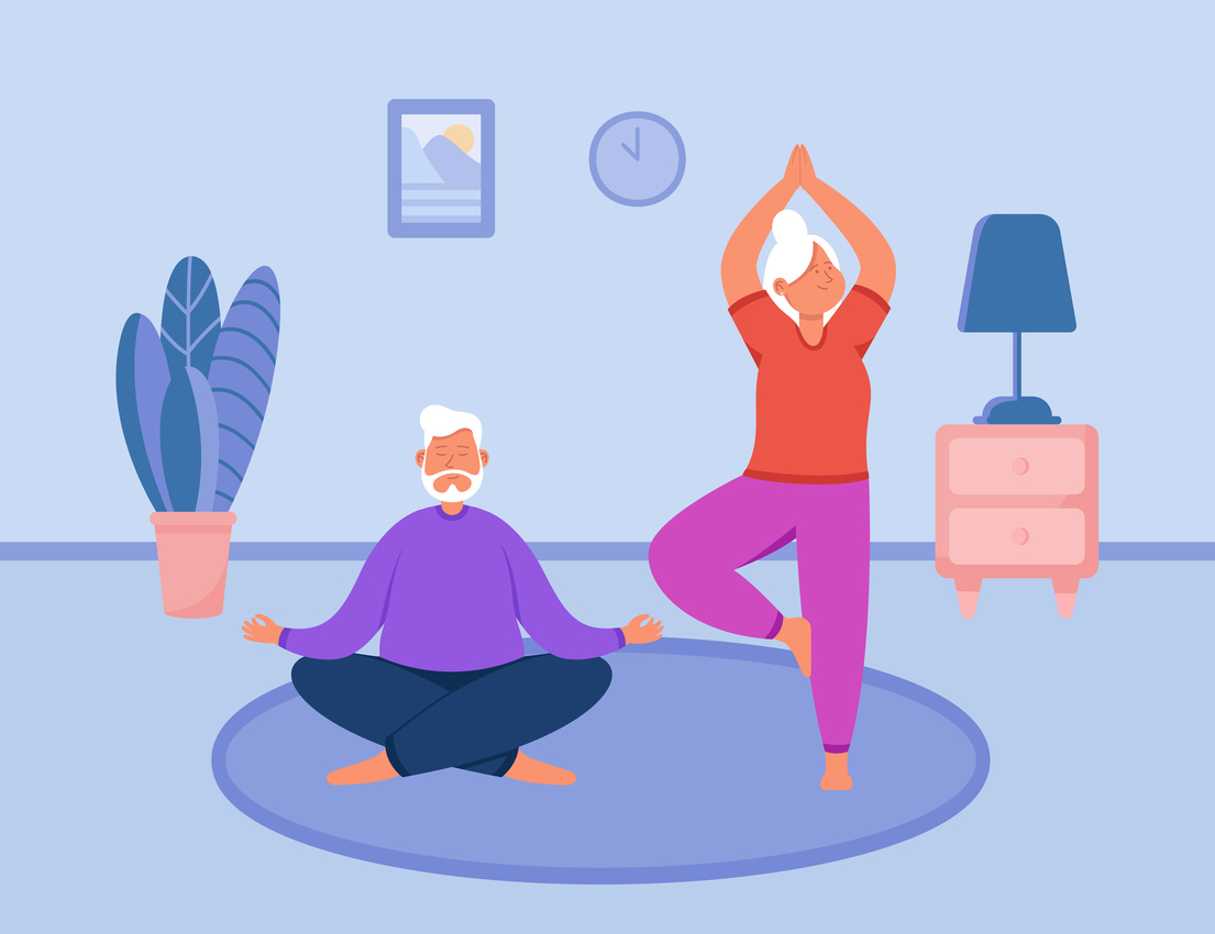 Ilustración de pareja senior haciendo yoga.
