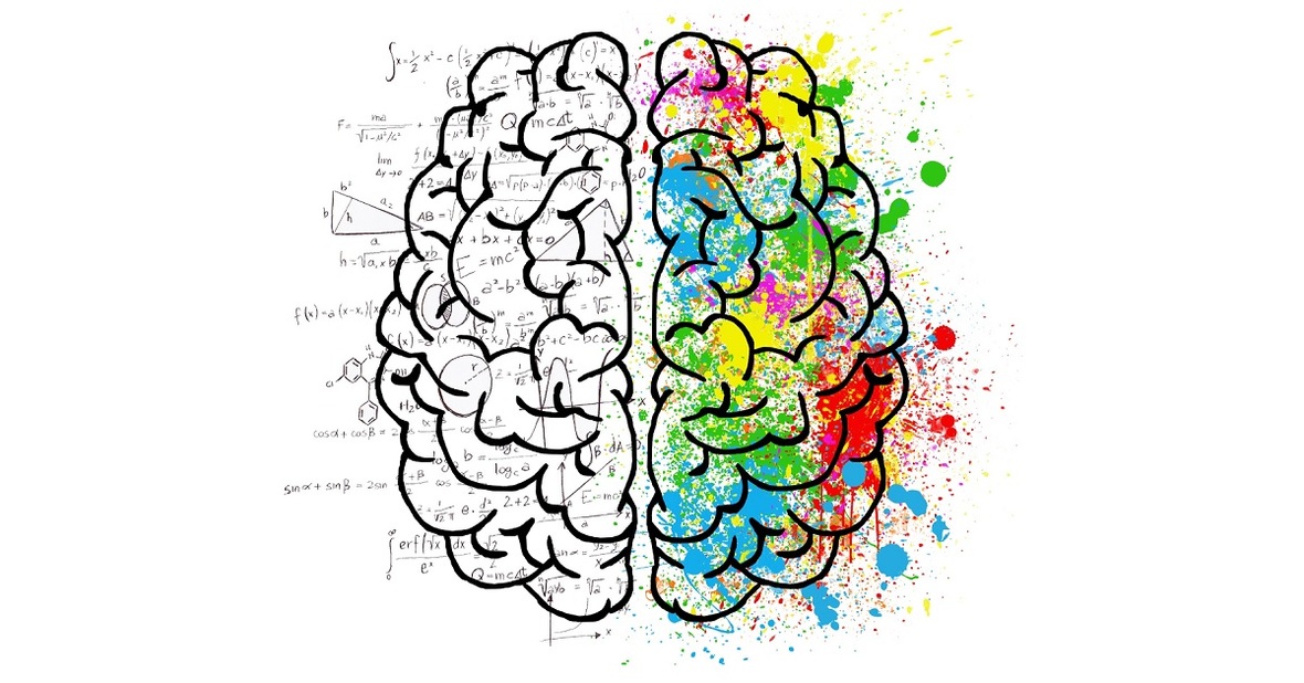 Dibujo de los dos hemisferios del cerebro, el izquierdo con números y el derecho con colores, los cuales se estimulan al hacer mandalas