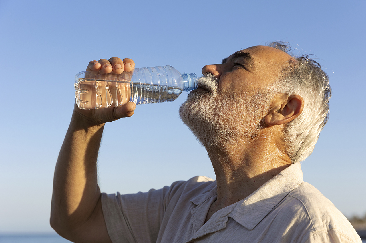 Un hombre mayor bebe de una botella de agua.