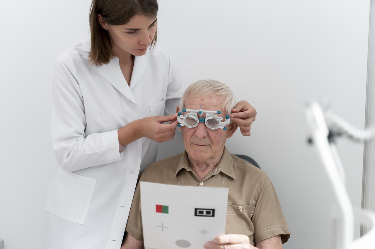 Un señor mayor haciéndose una revisión de la vista acompañado por una oftalmóloga