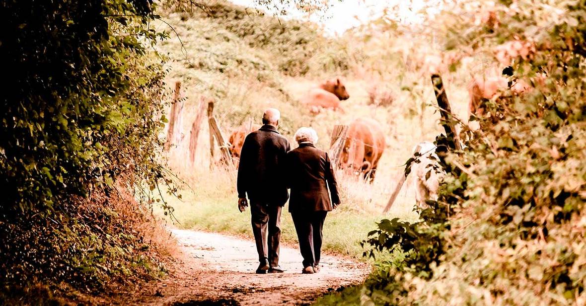Pareja de personas mayores paseando por un camino para mantenerse activos durante la vejez