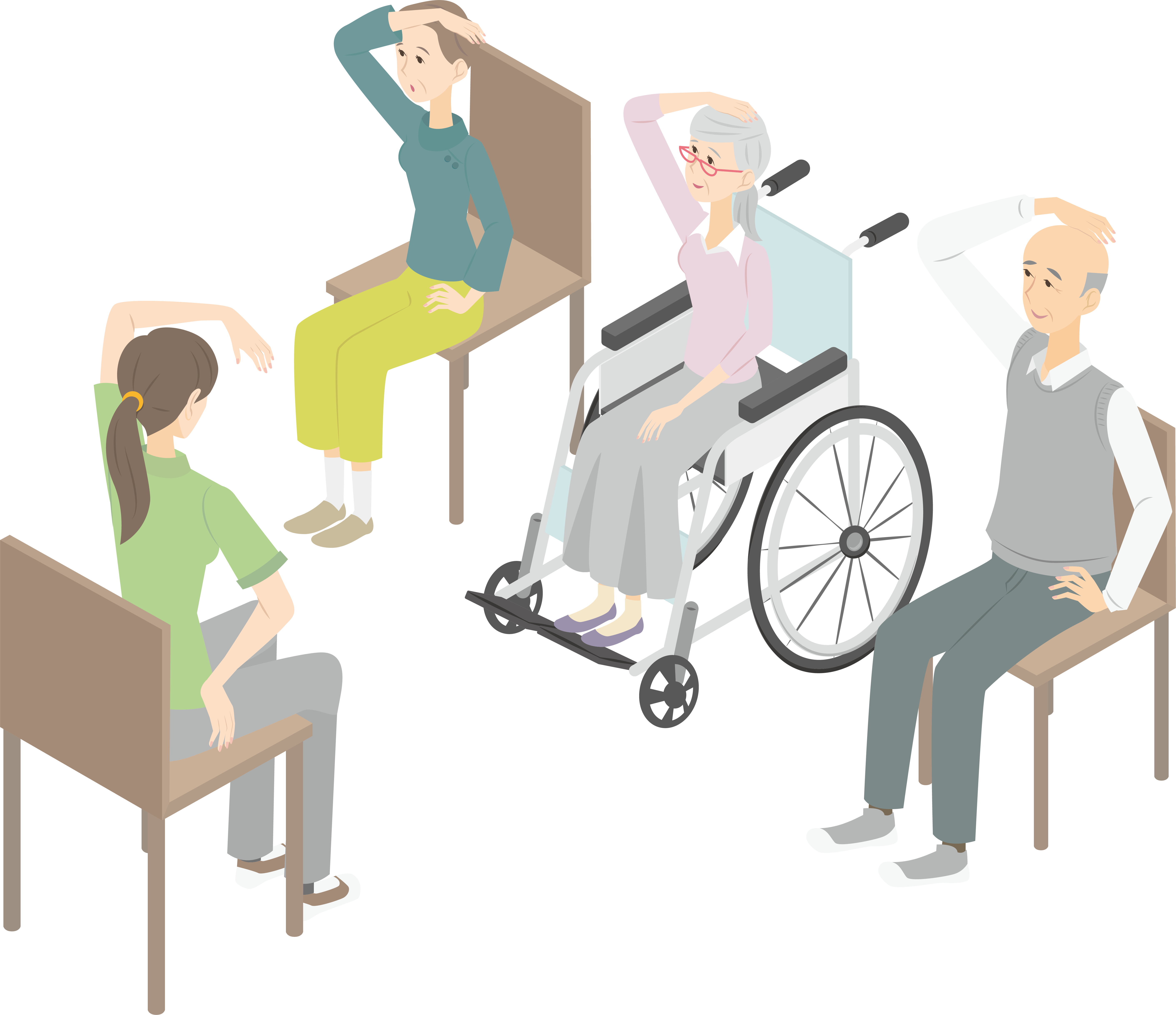 Ilustración de tres personas mayores (dos mujeres, un hombre) haciendo ejercicios sentados en sillas, guiados por una asistente (también sentada)